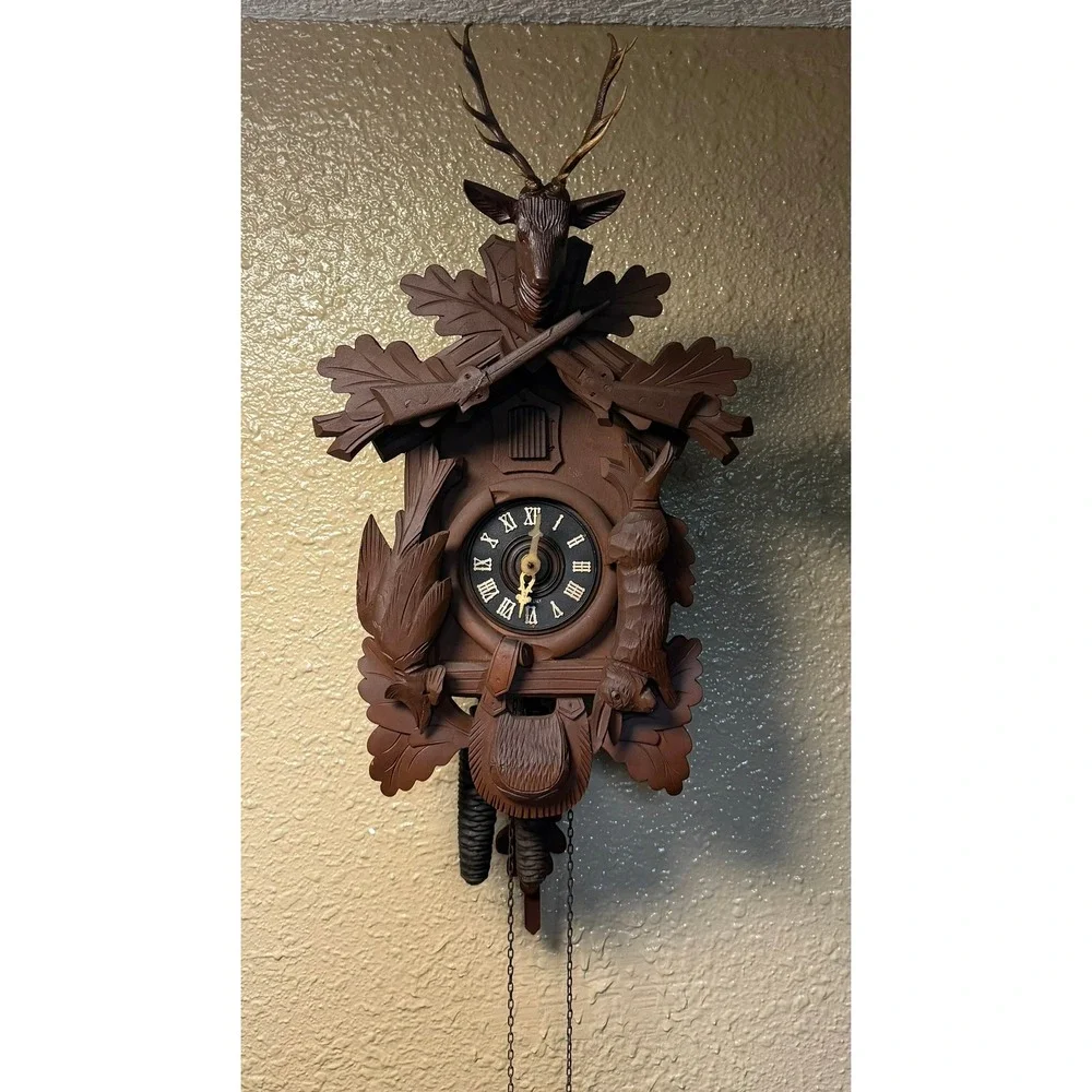 Vintage German Black Forest Cuckoo Clock Hunting Scene Stag Rifles Hand Carved